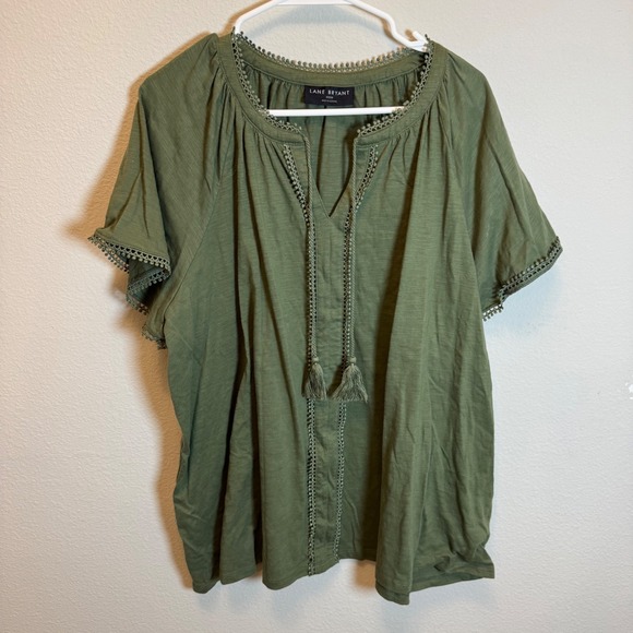 Lane Bryant Woman Olive Green Tunic Top Plus Size PomPom Boho Blouse 22/24 - Picture 1 of 5